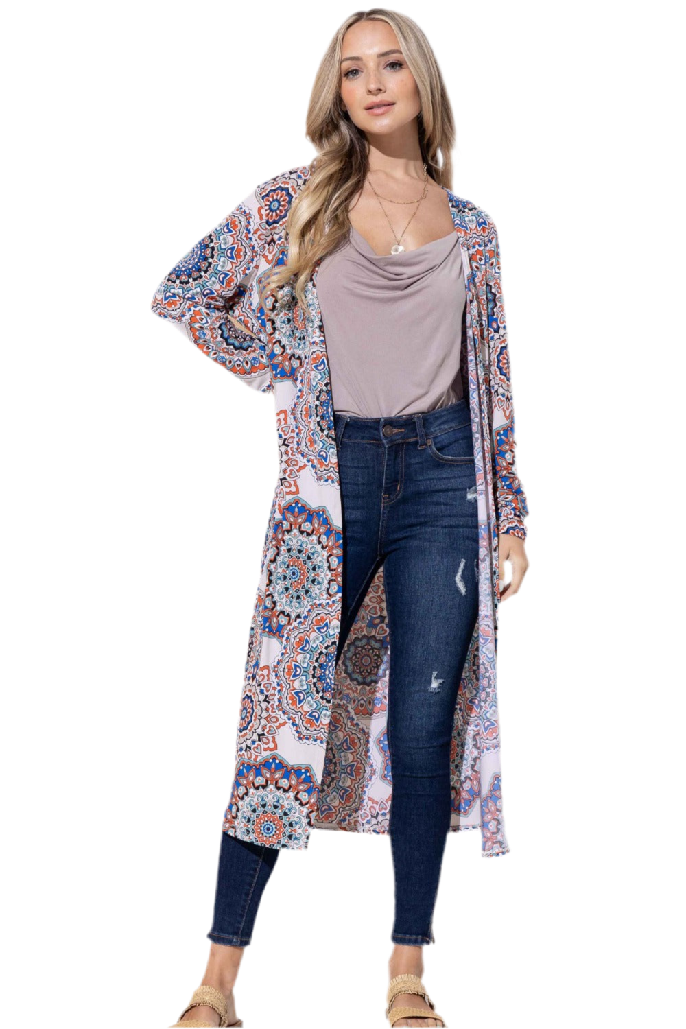 Printed Kimono Open Front Longline Cardigan