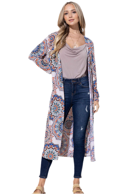 Printed Kimono Open Front Longline Cardigan