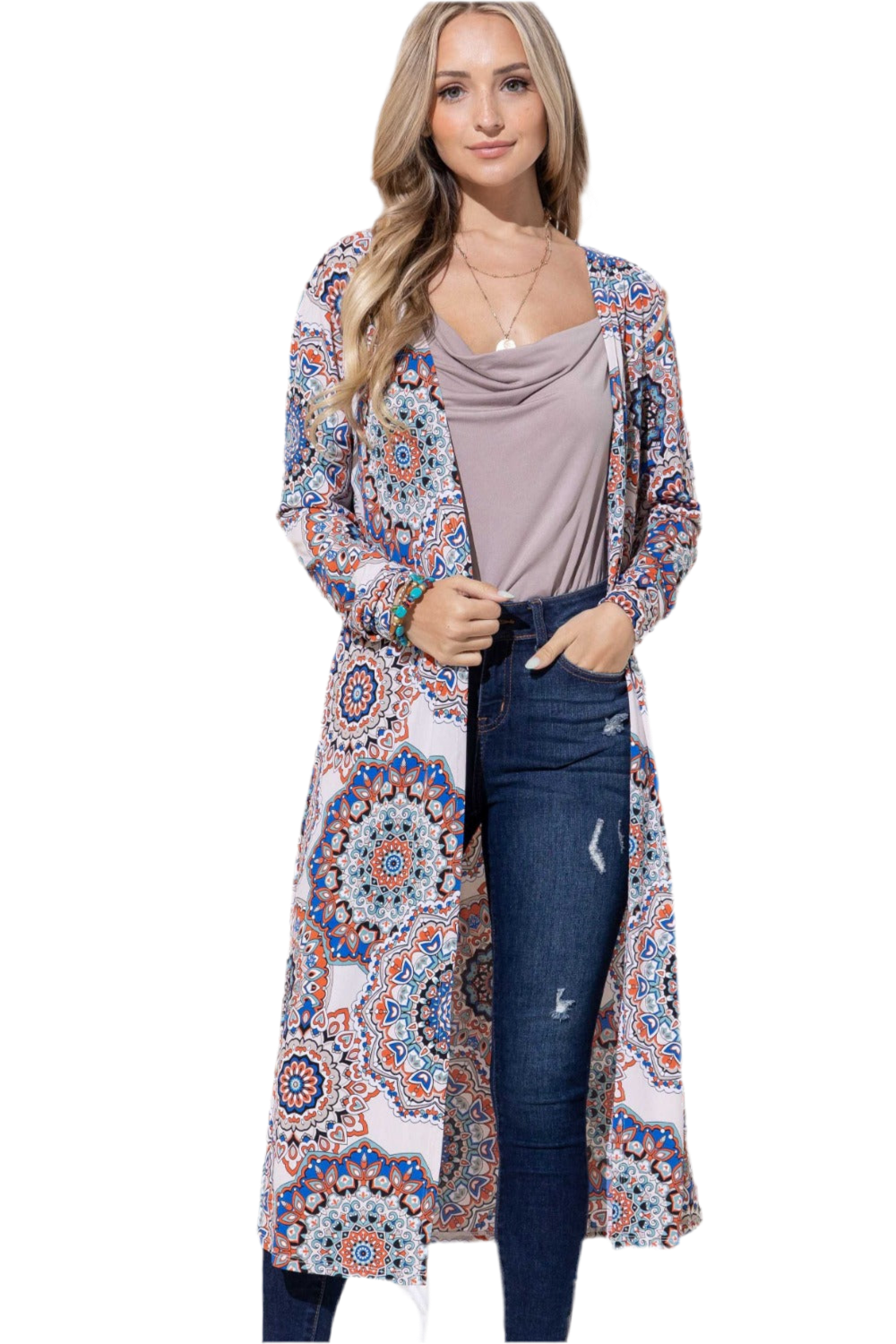 Printed Kimono Open Front Longline Cardigan