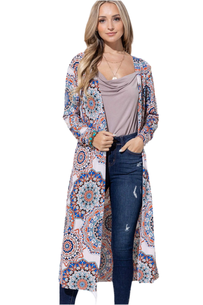 Printed Kimono Open Front Longline Cardigan