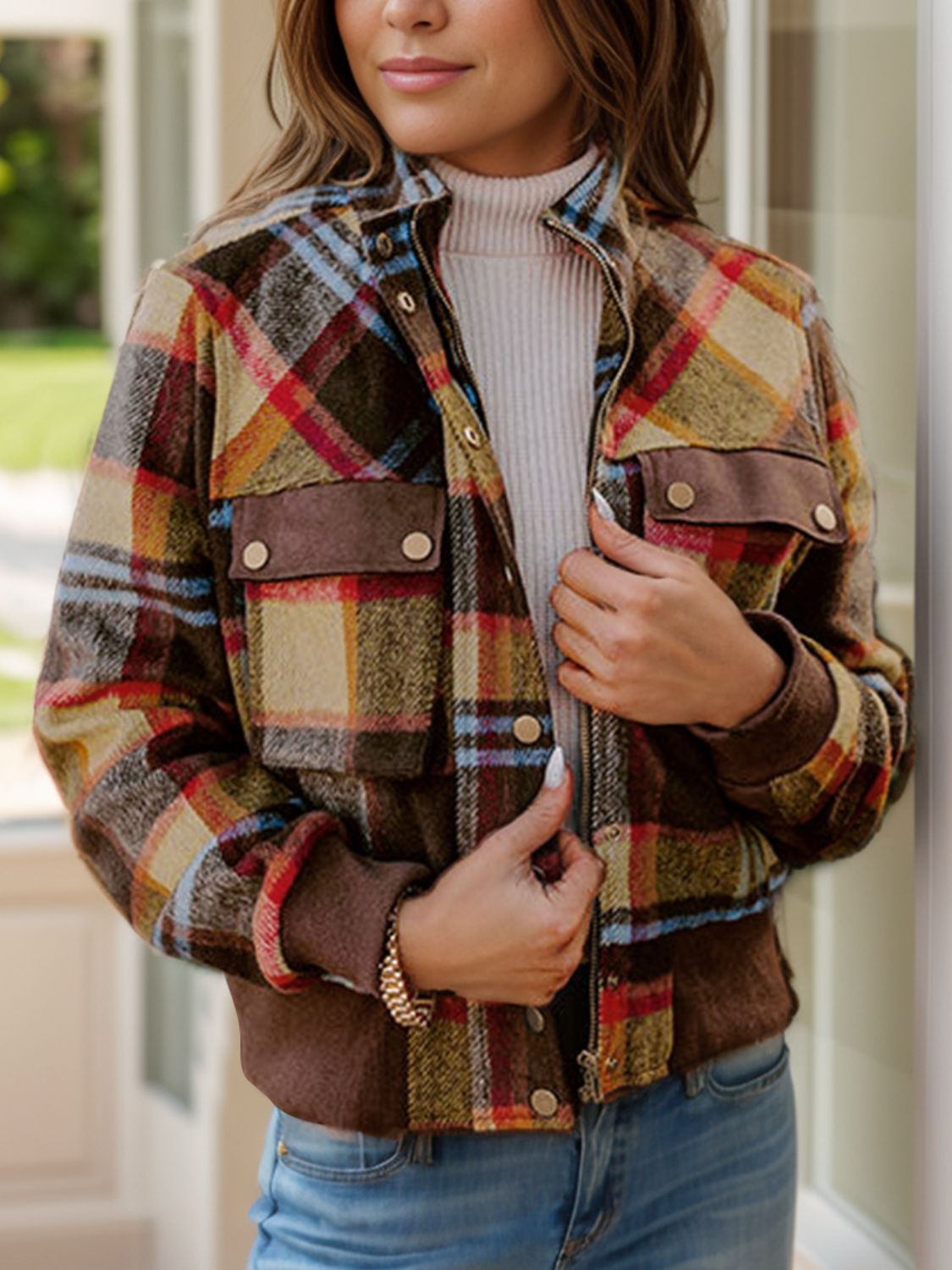 Pocketed Plaid Long Sleeve Jacket