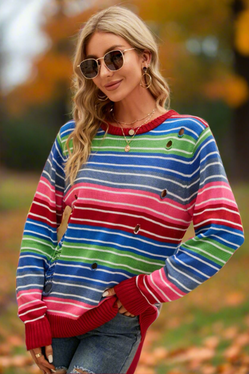 Striped Distressed Cutout Round Neck Sweater