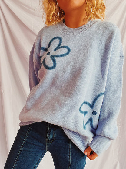 Flower Round Neck Long Sleeve Sweater