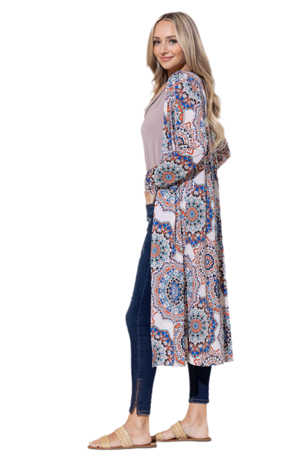 Printed Kimono Open Front Longline Cardigan