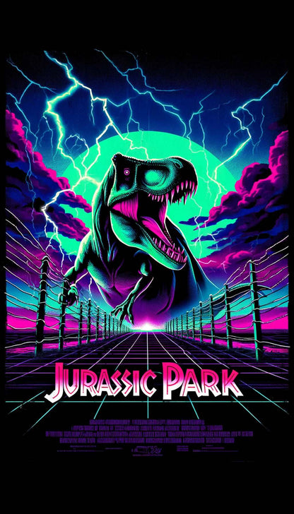 Jurassic Park Neon Retro Digital Art Print - Decade Revival