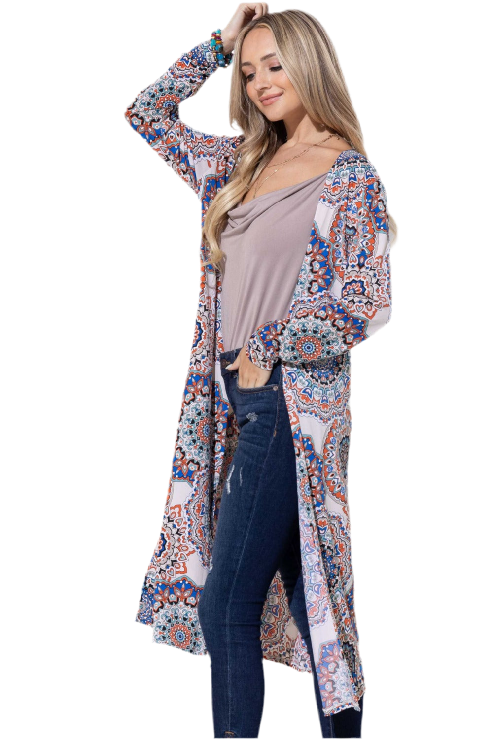 Printed Kimono Open Front Longline Cardigan