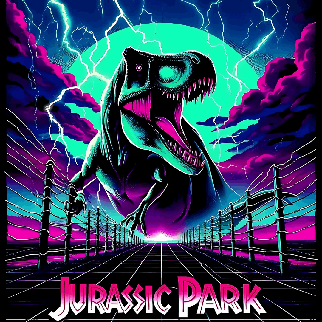 Jurassic Park Neon Retro Digital Art Print - Decade Revival