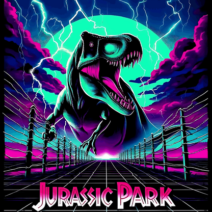 Jurassic Park Neon Retro Digital Art Print - Decade Revival