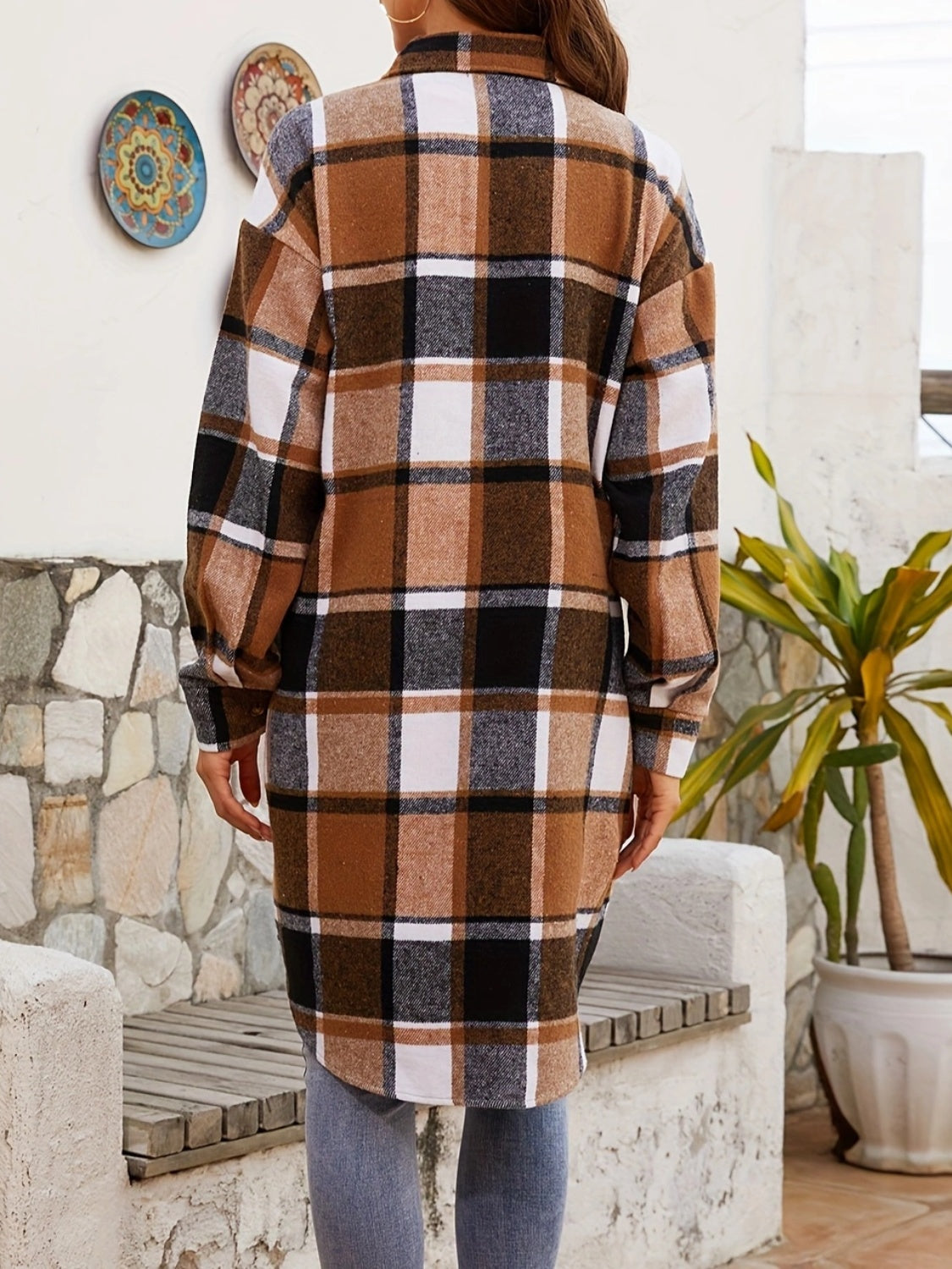 Plaid Collared Long Sleeve Jacket