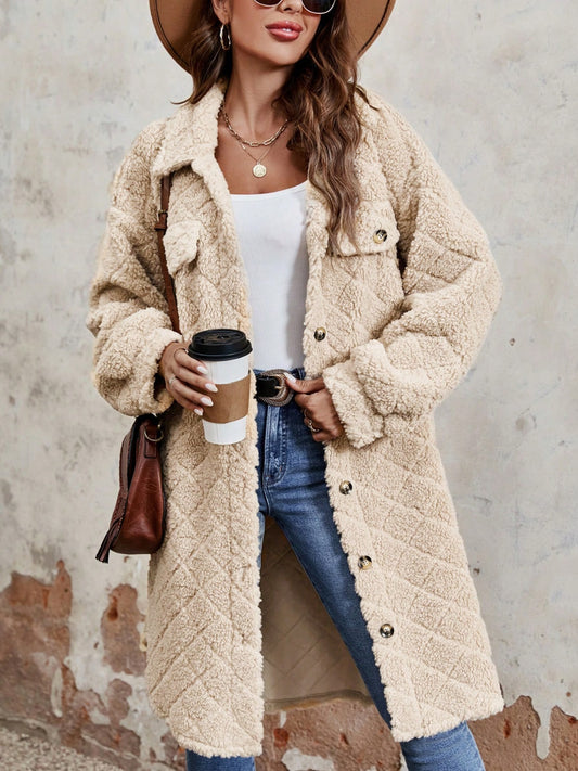 Fuzzy Button Up Dropped Shoulder Long Sleeve Coat