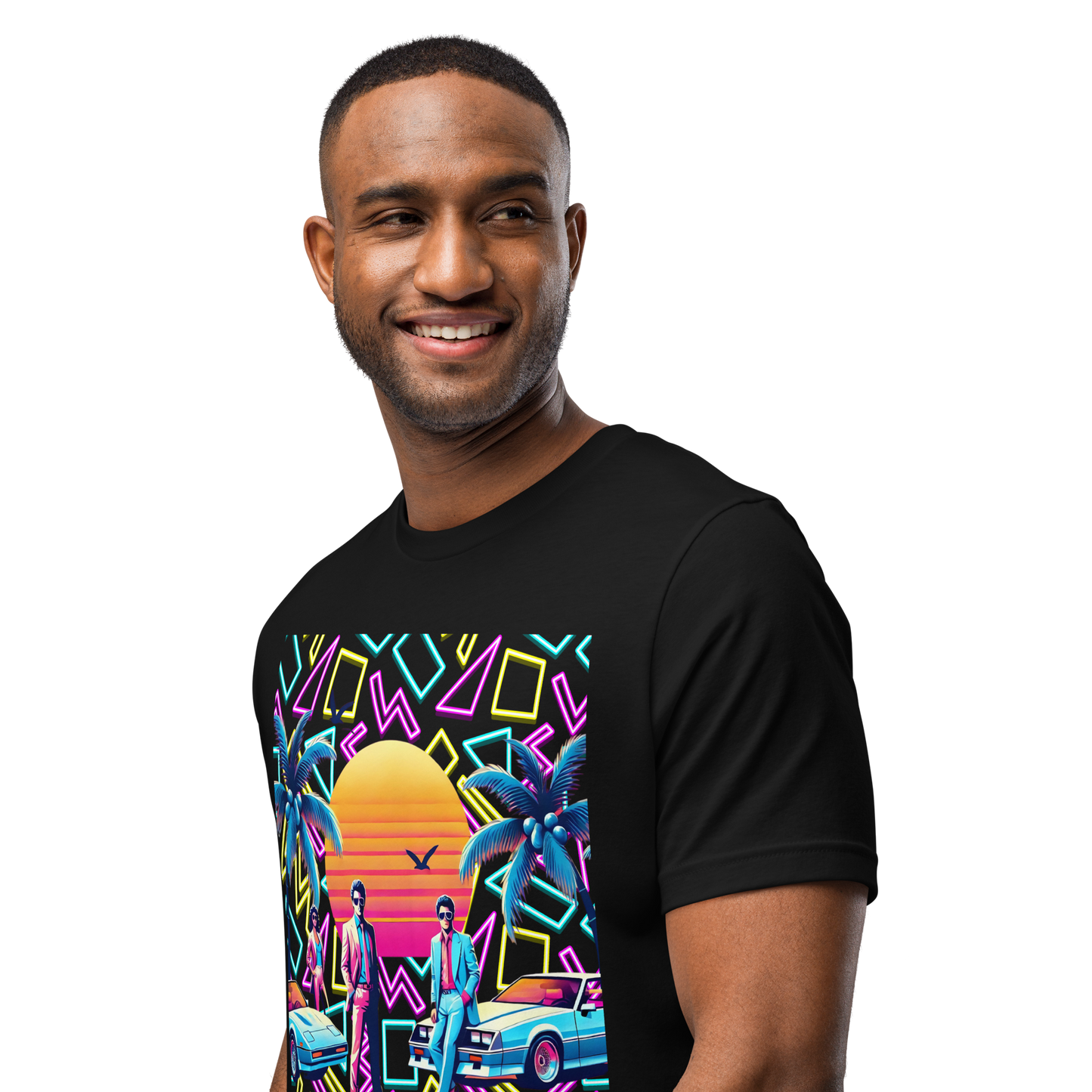 Retro Miami Vice Sunset Graphic Tee - Decade Revival Men’s