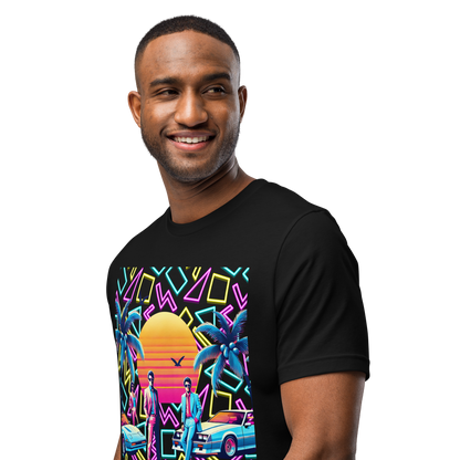 Retro Miami Vice Sunset Graphic Tee - Decade Revival Men’s