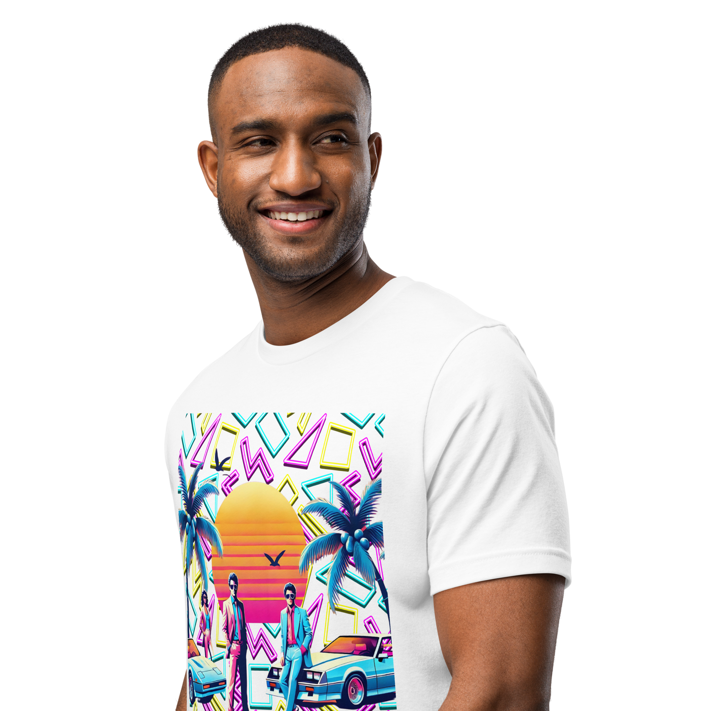 Retro Miami Vice Sunset Graphic Tee - Decade Revival Men’s