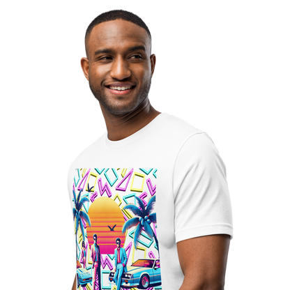 Retro Miami Vice Sunset Graphic Tee - Decade Revival Men’s